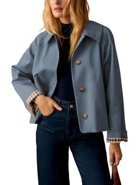 Women's Blue Trench Jacket Plaid Lining Button Front Lightweight with Pockets